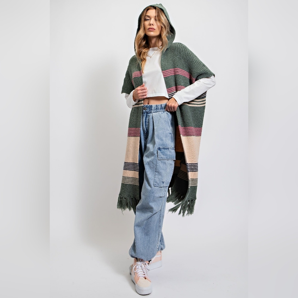 Easel Knit Sweater Kimono, open front, multicolor stripe with fringe, hood - Picture 2 of 5